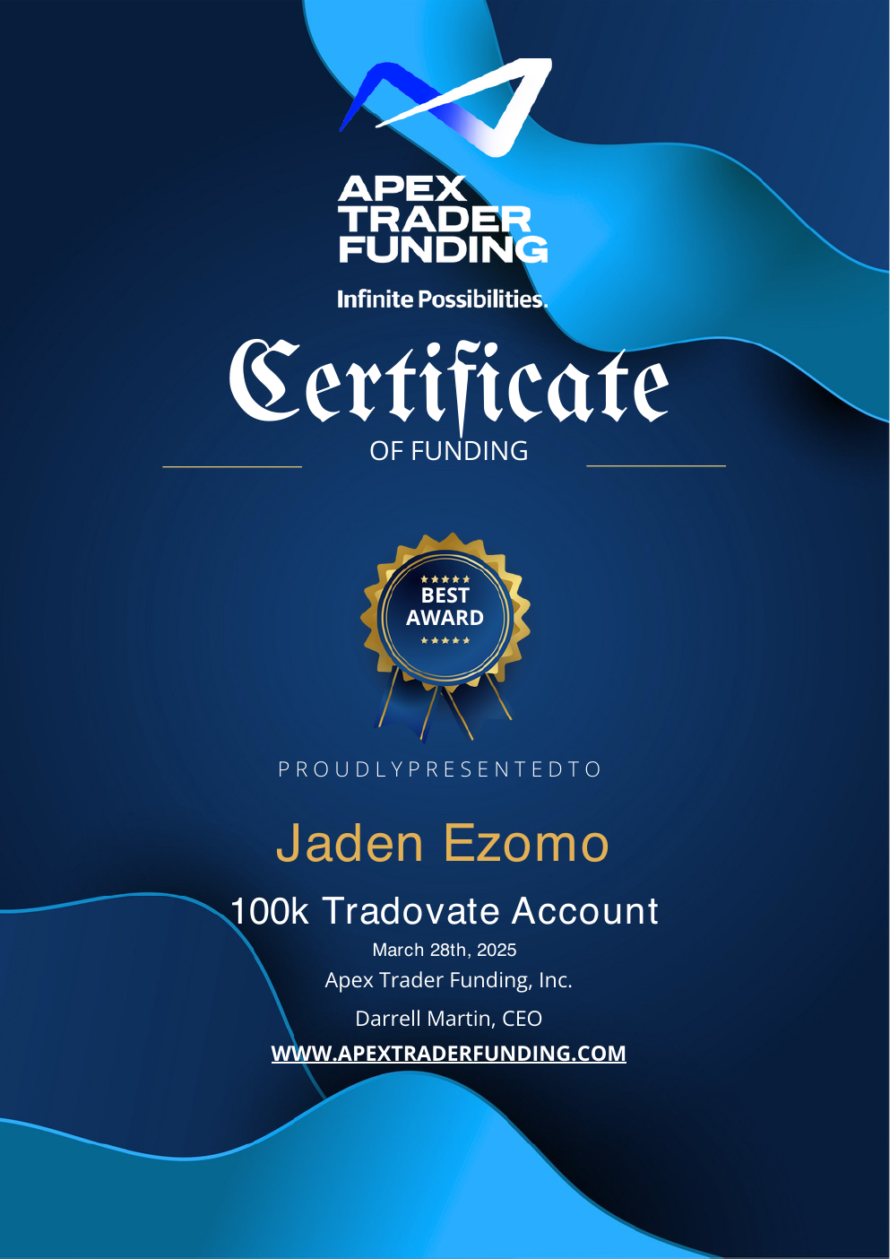 Apex Trader Funding certificate awarded to Jaden Ezomo for a 100K Tradovate account